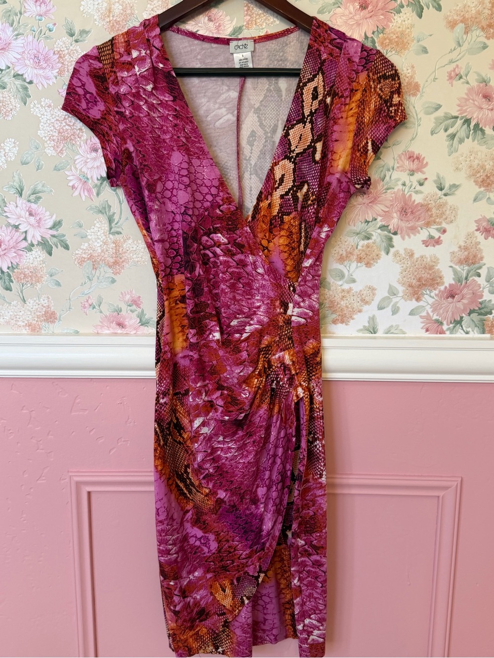 Cache Pink and Orange Snake-Print Faux Wrap Midi Dress